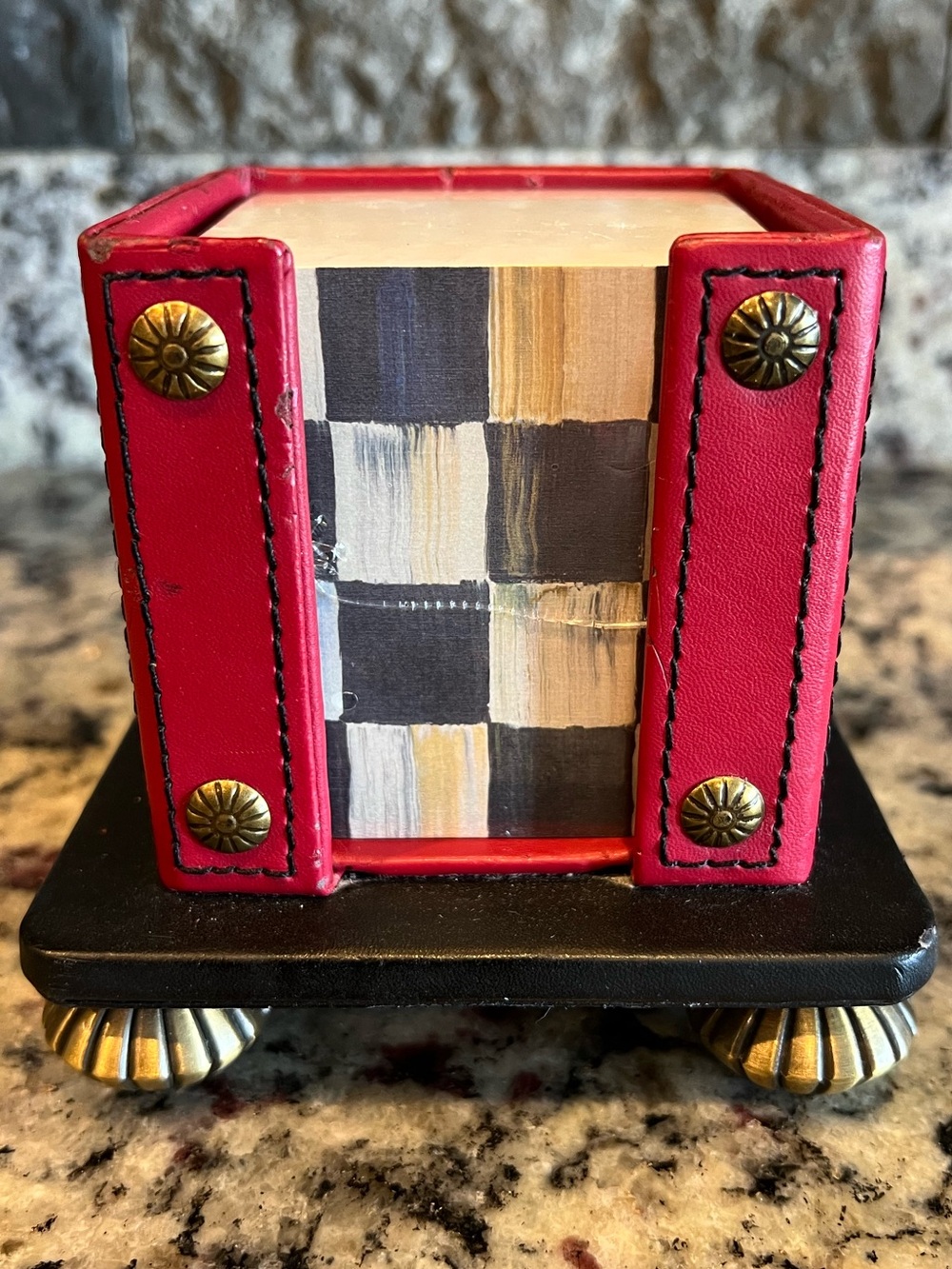 MacKenzie-Childs Vintage Red Leather & Enamel Notepad cube holder. With notepad.